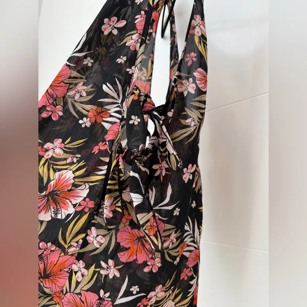 Xhilaration Side Tie Black Floral Lightweight Swim Coverup Dress Vacation Size S - Picture 7 of 10